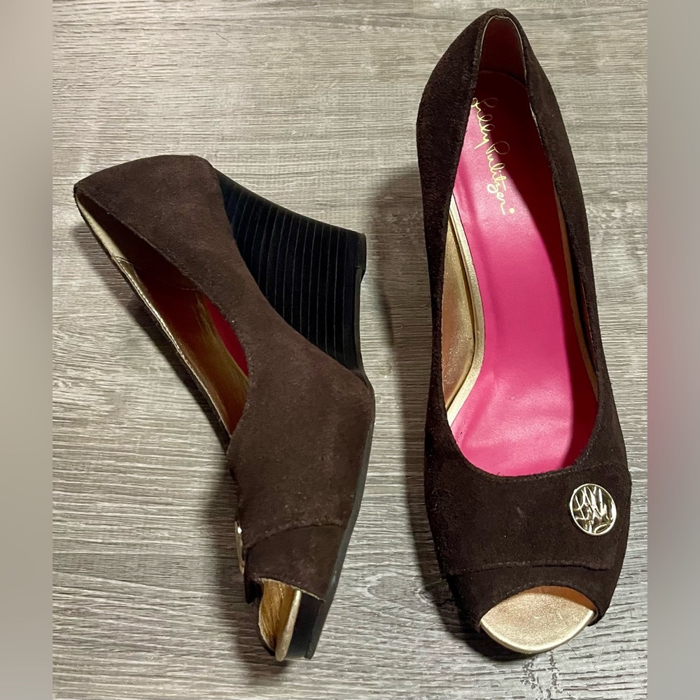 Lilly Pulitzer Brown Suede Wedges Size 8.5